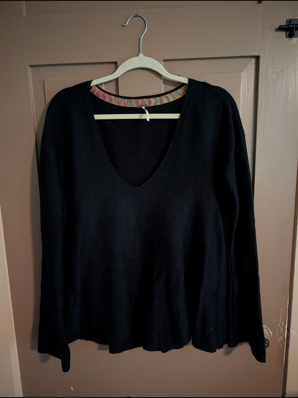 Free People Black V-Neck Pullover Sweater Flared Bottom - Size Medium